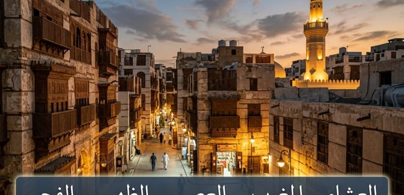 Historic Al-Balad district in Jeddah at sunset with a minaret and traditional balconies