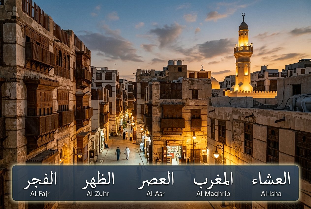 Historic Al-Balad district in Jeddah at sunset with a minaret and traditional balconies